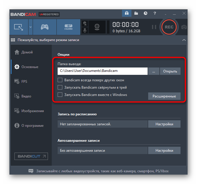 Основные опции для съемки игр в Bandicam