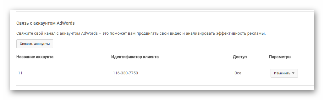 Связь с AdWords YouTube