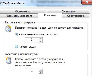 Параметры прокрутки колеса мыши