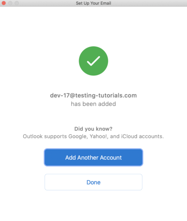 Окно, подтверждающее, что учетная запись электронной почты была успешно добавлена в Outlook