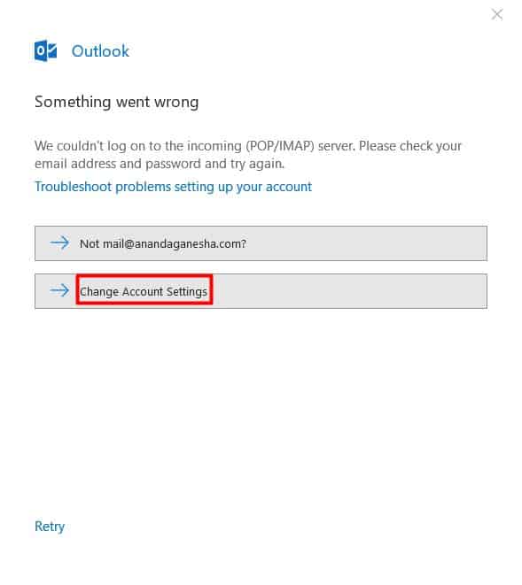 Сообщение об ошибке при настройке Outlook