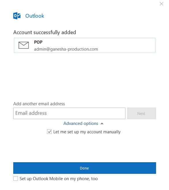 Сообщение, подтверждающее, что учетная запись была успешно добавлена в Outlook 2016