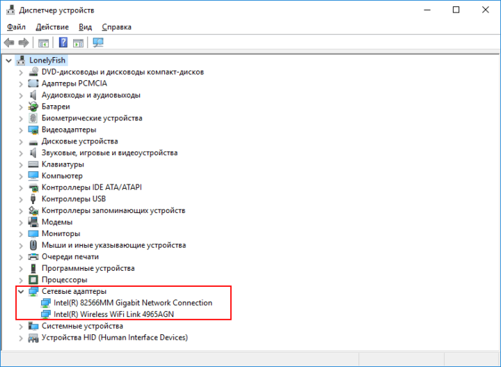 Сетевые карты в «Диспетчере устройств»