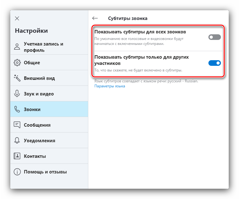 Параметры субтитров для настройки Skype