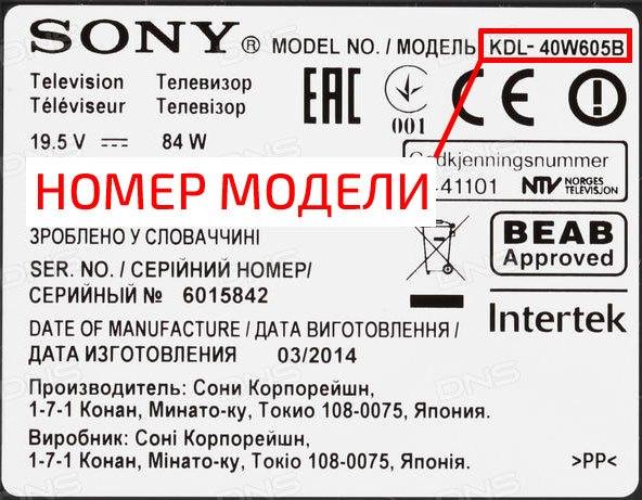 Номер модели телевизора Sony