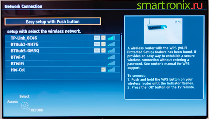 На экране телевизора отображается список доступных сетей