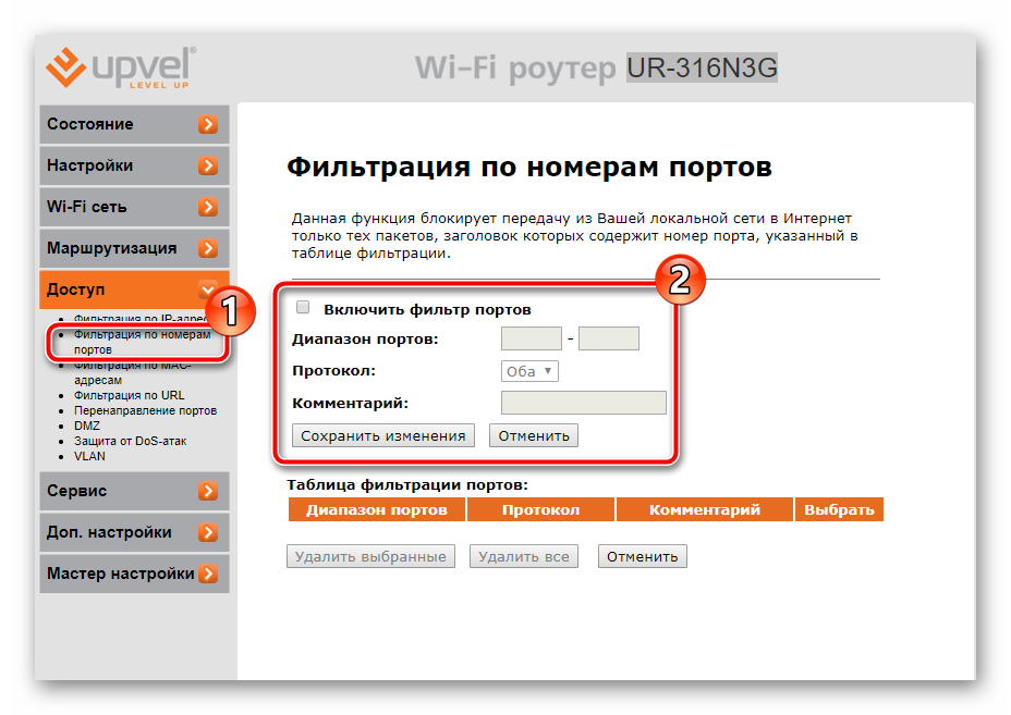 Фильтрация по портам в настройках роутера UPVEL