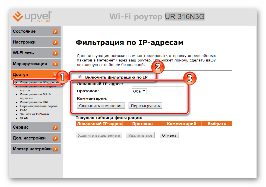 Фильтрация по IP-адресам в роутере UPVEL