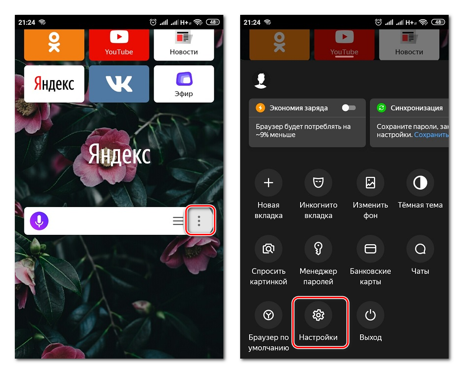 Переход к настройкам в Яндекс.Браузере на телефоне