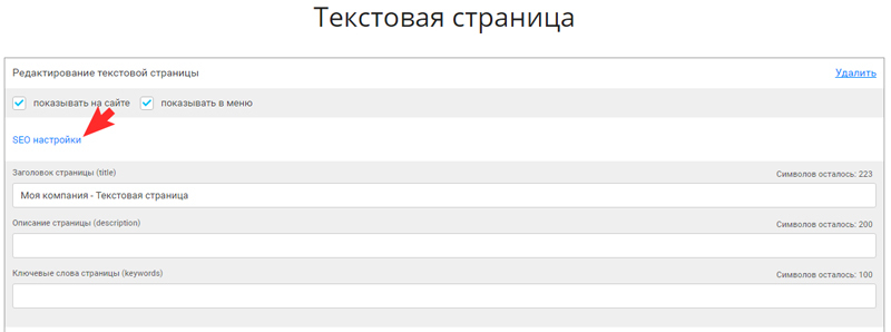 SEO-настройки для "текстовой страницы"