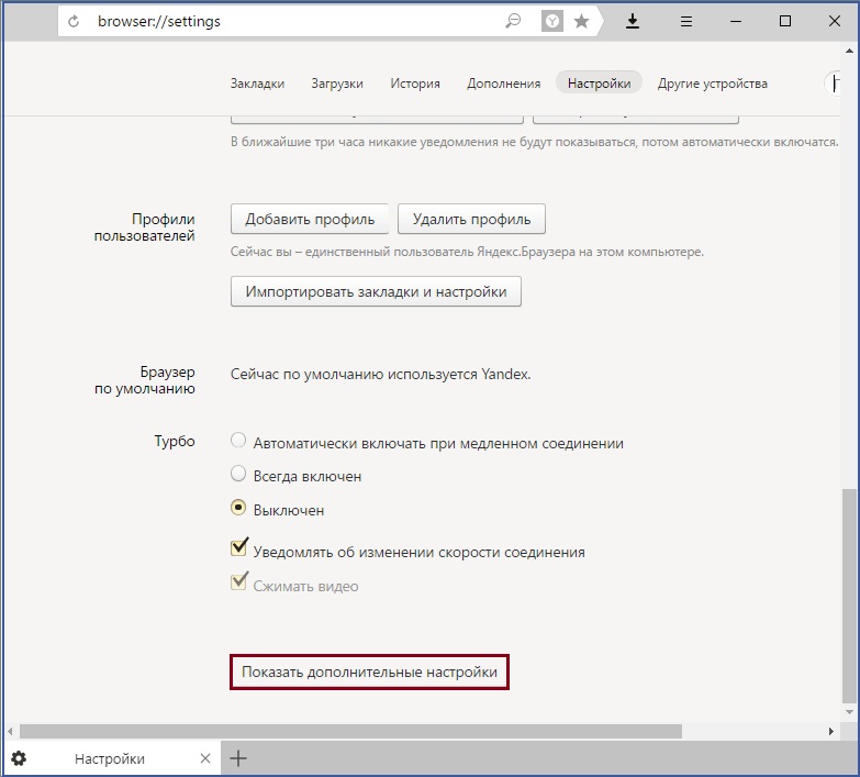 Дополнительные настройки в Яндекс.браузере