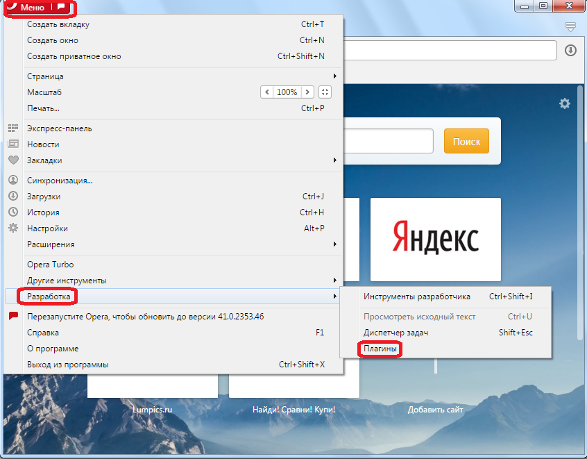 Переход в раздел плагинов Opera