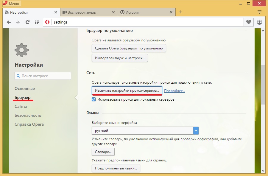 Настройка прокси- сервера в Опере 