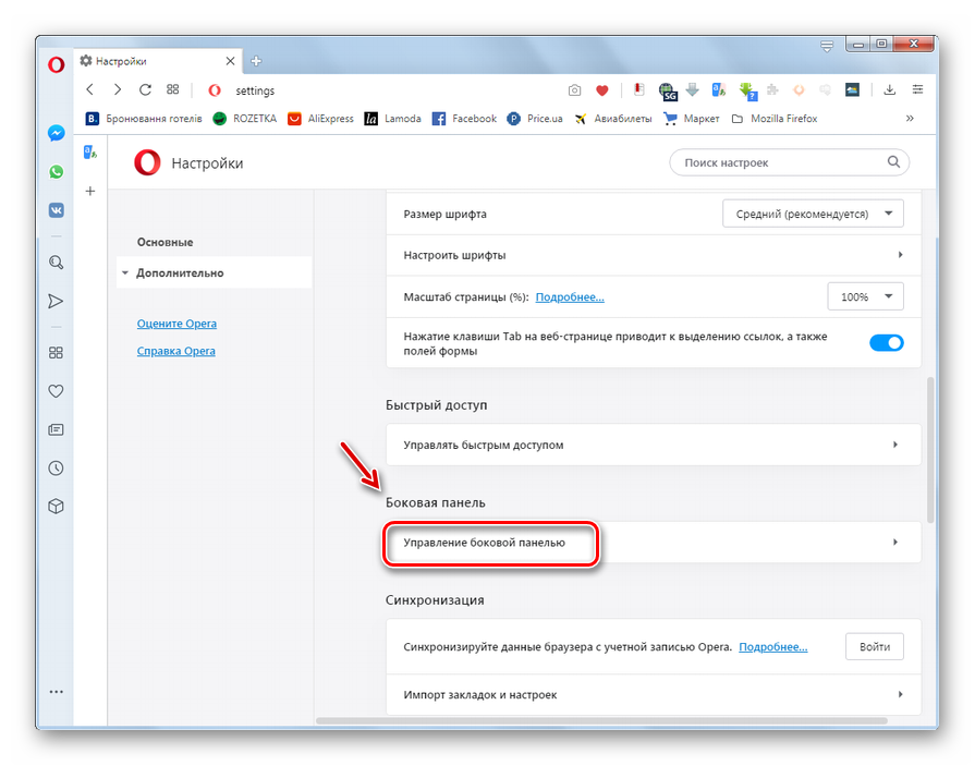 Переход к управлению боковой панелью в разделе основных настроек в браузере Opera