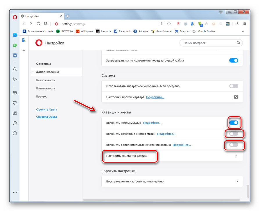 Блок Клавиши и жесты в разделе дополнительных настроек в браузере Opera