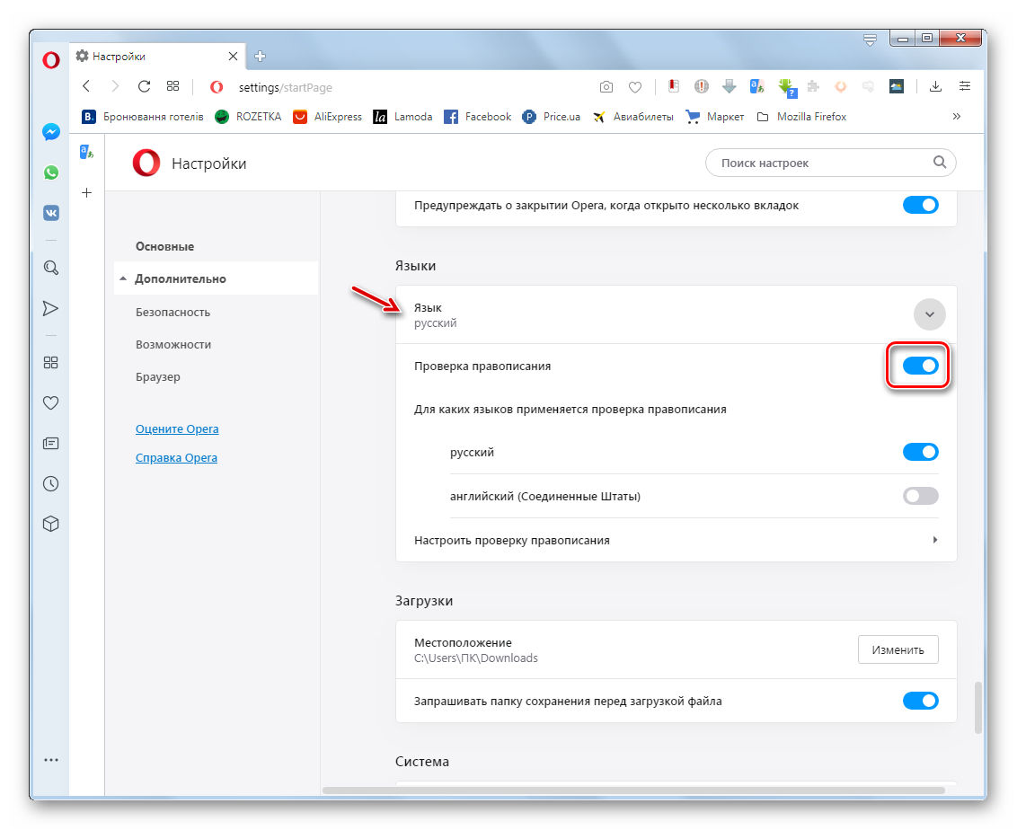 Активация проверки правописания в разделе дополнительных настроек в браузере Opera