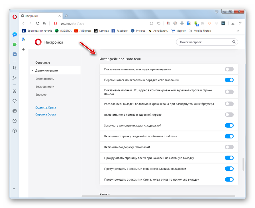 Блок Интерфейс пользователя в разделе дополнительных настроек в браузере Opera