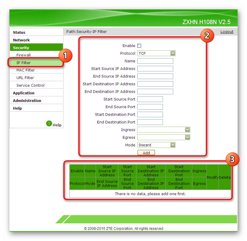 Управление фильтрацией IP-адресов через веб-интерфейс маршрутизатора ZTE