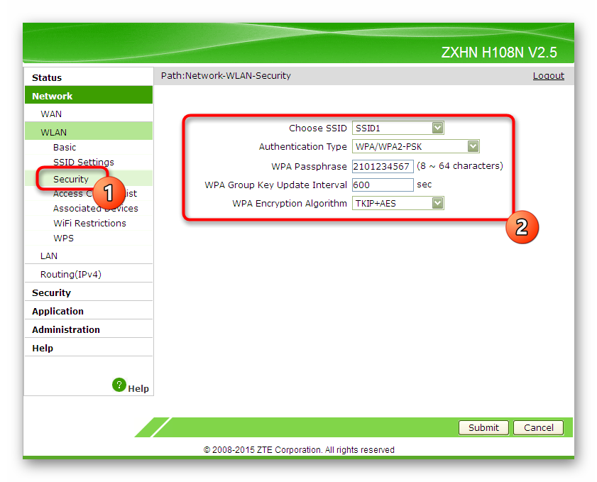 Настройте безопасность беспроводной сети через веб-интерфейс маршрутизатора ZTE.