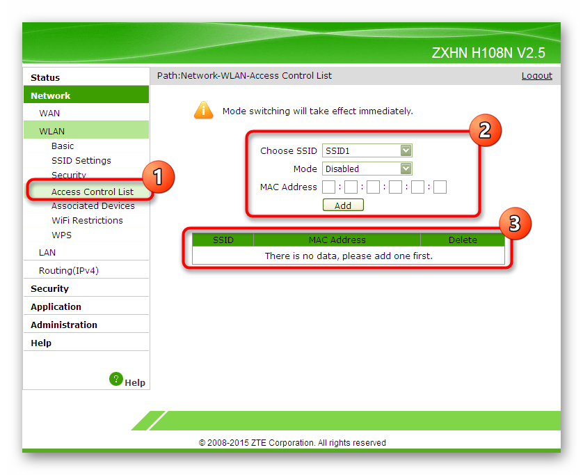 Настройка ограничений доступа к беспроводной сети через веб-интерфейс маршрутизатора ZTE
