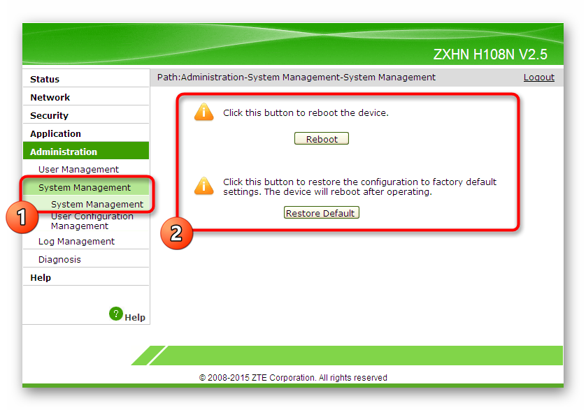 Перезагрузка роутера ZTE и сброс до заводских настроек в веб-интерфейсе ZTE