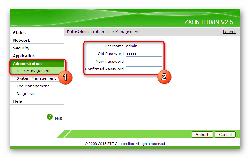 Изменение имени и пароля для доступа к веб-интерфейсу маршрутизатора ZTE.