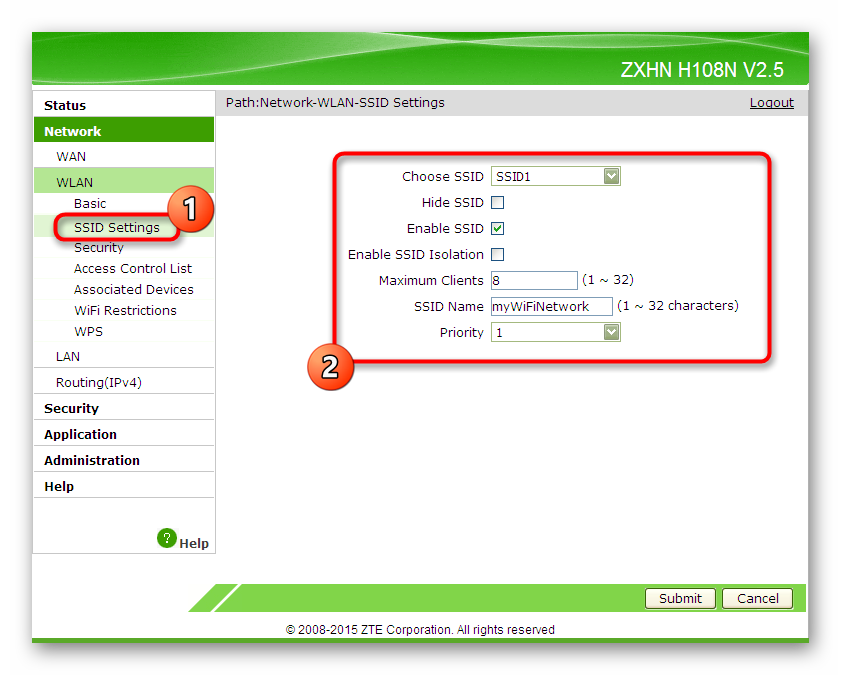 Задайте имя беспроводной сети через веб-интерфейс маршрутизатора ZTE.