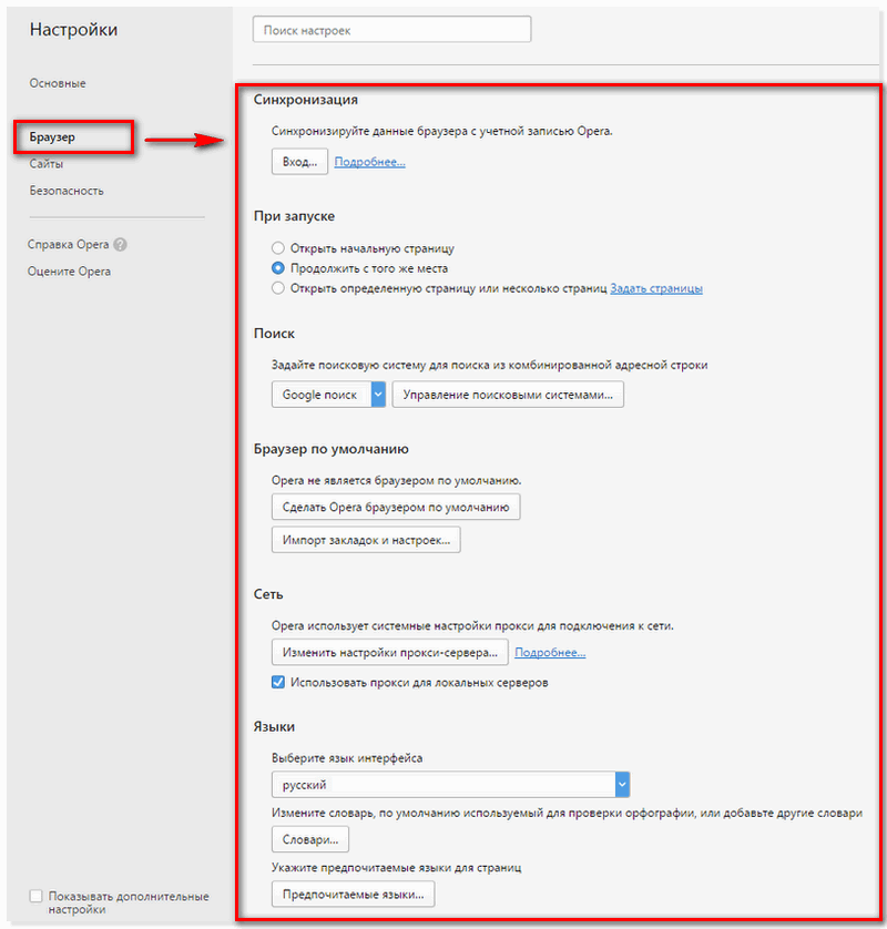 Раздел Браузер в настройках Оперы