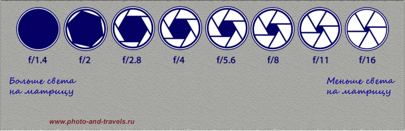 Рисунок 3. Разбираемся с настройками фотоаппаратов . Что такое диафрагма (апертура, диафрагменное число, f-stop) в фотографии. Линейка стандартных значений диафрагменных чисел, отличающихся друг от друга приблизительно в 1,41 раза.