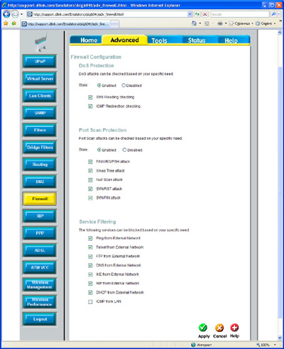 D-Link DSL-G604T Настройки брандмауэра Настройки брандмауэра