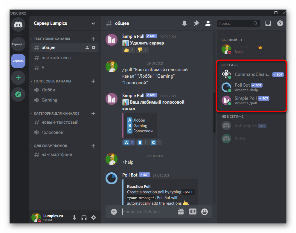 Просмотр списка участников сервера перед настройкой бота в Discord на компьютере