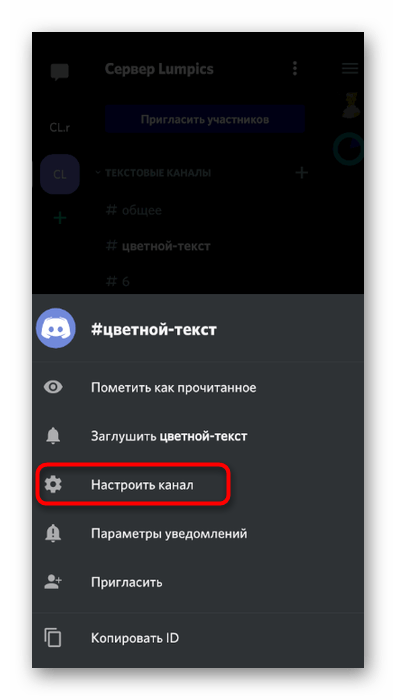 Переход к настройке канала для выбора прав бота в мобильном приложении Discord