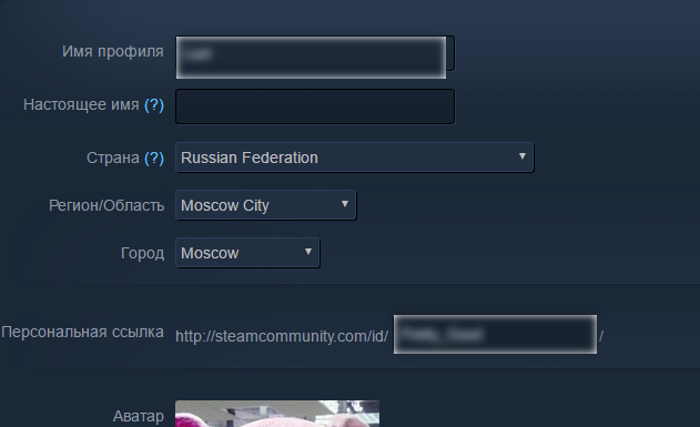 Форма изменения информации профиля Steam