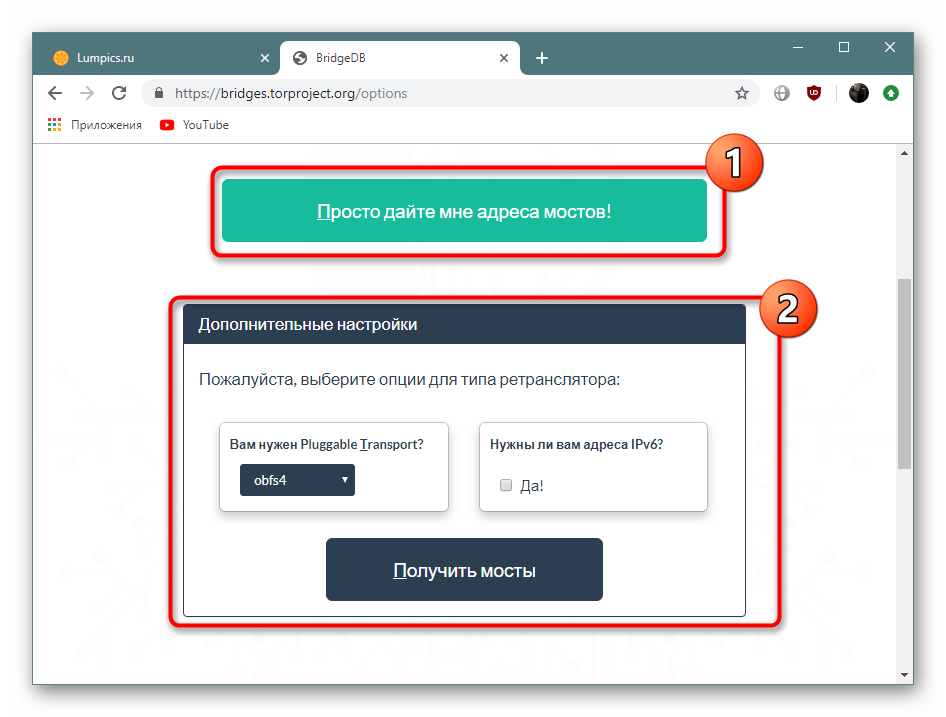 Выбор способа получения моста на специализированном сайте Tor Browser