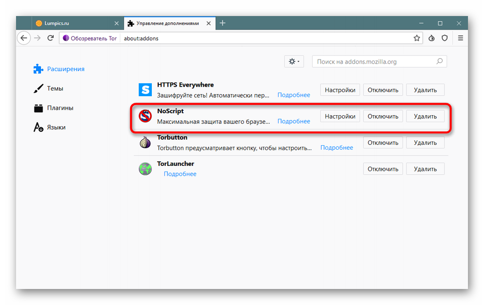 Выбор дополнений Noscripts для Tor Browser