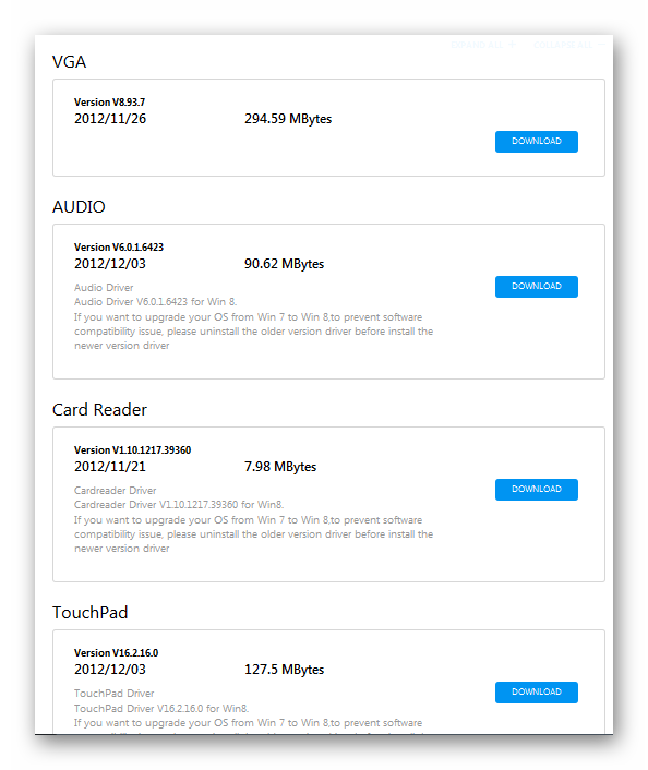Список драйверов для ноутбука в выдаче сайта Асус