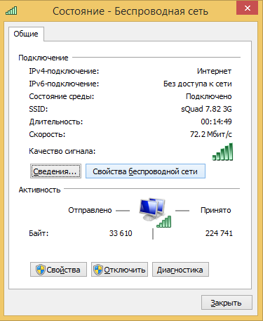 Cостояние подключения WiFi на Windows 8