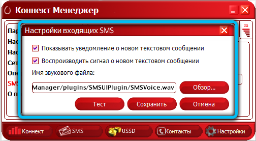 Настройки для входящих SMS в программе Connect Manager