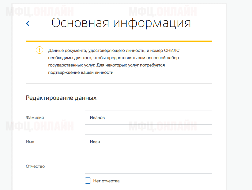 Форма основной информации о человеке для личного кабинета Госуслуги