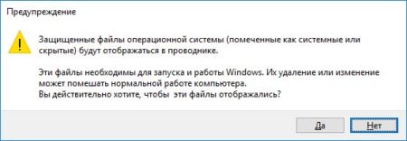 Предупреждение о включении показа скрытых файлов 