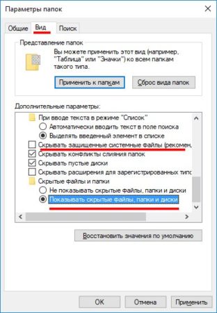 Включаем показ скрытых файлов в настройках 