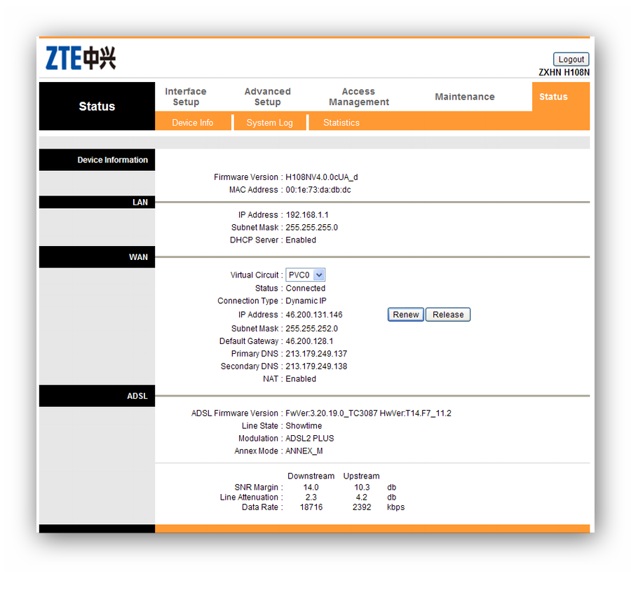Главное меню веб-интерфейса модема ZXHN H108N V2.5