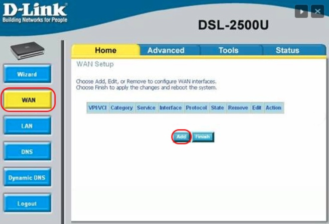 Добавление нового соединения для роутера D-Link 2500U