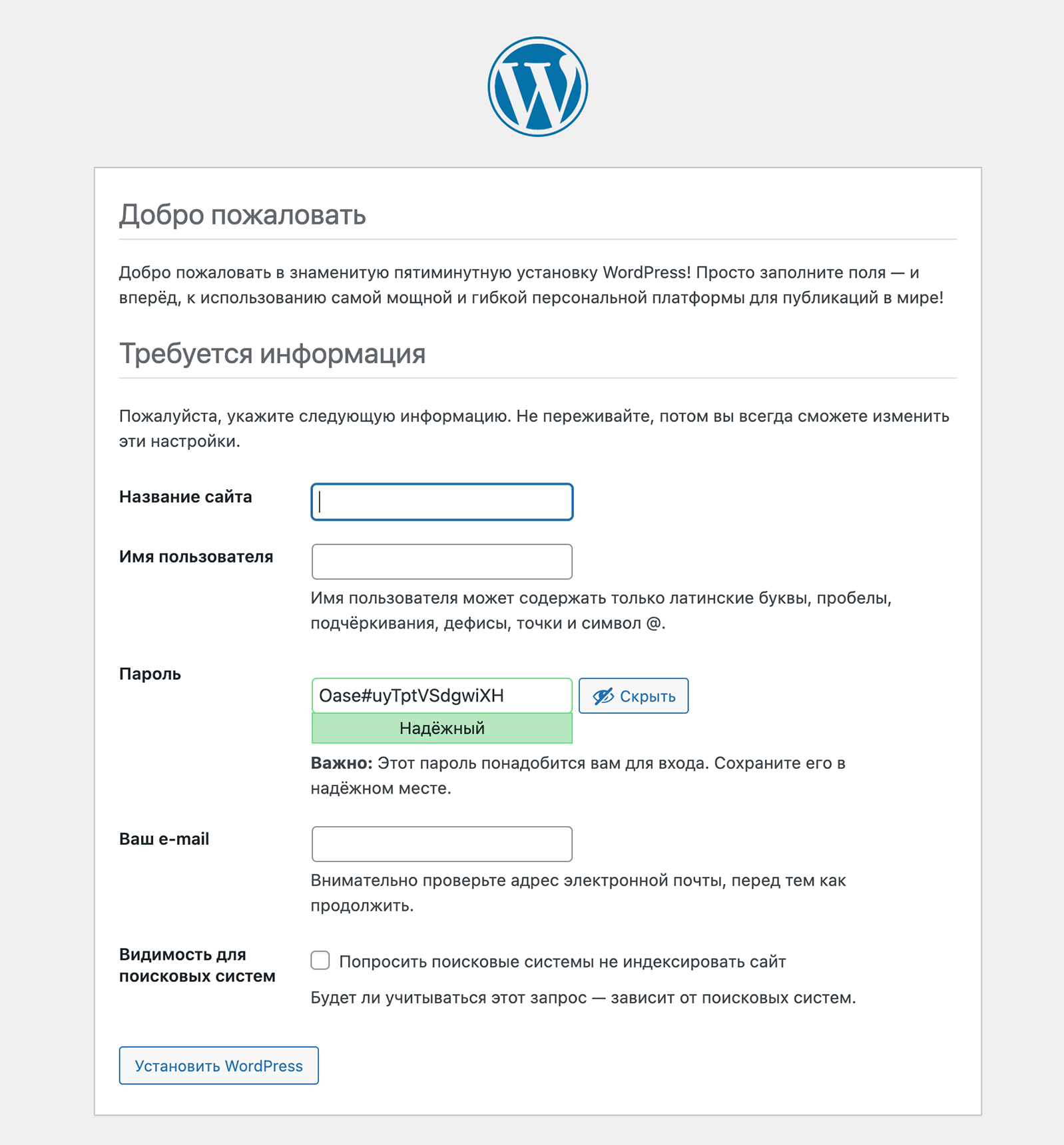 Страница установки WordPress с настройками сайта 